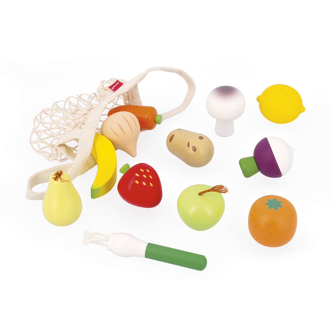 12 fruits et légumes en bois avec filet multicolore