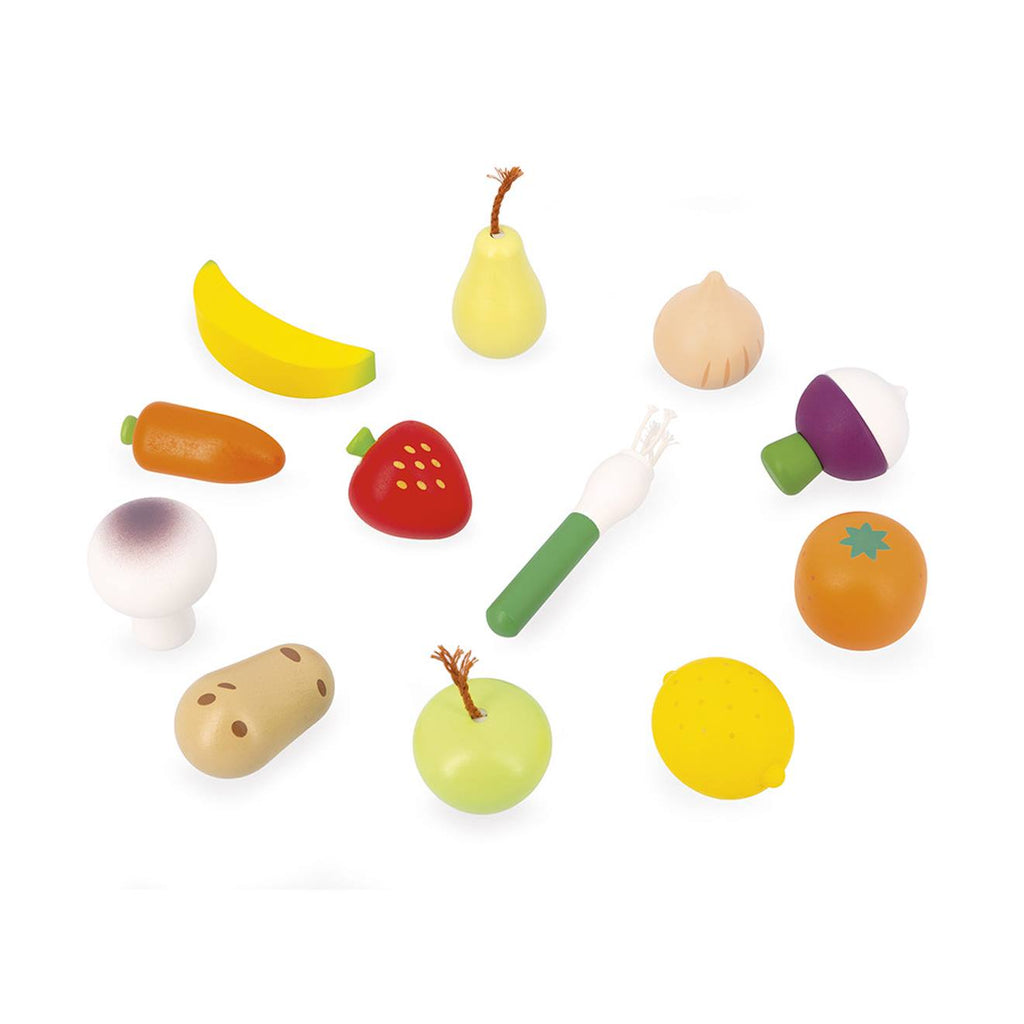 12 fruits et légumes en bois avec filet multicolore