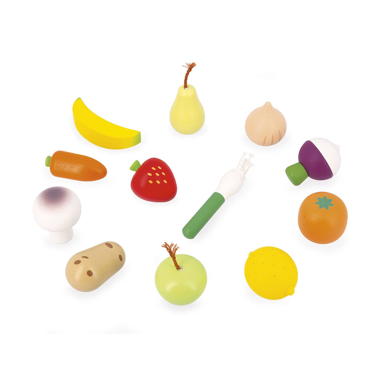 12 fruits et légumes en bois avec filet multicolore