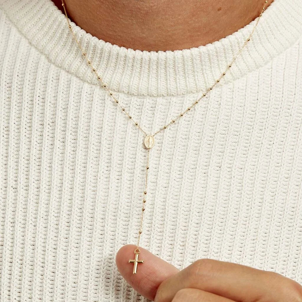 Collier Evelina Croix Maille Boule Or Jaune : l’élégance du chapelet revisité
