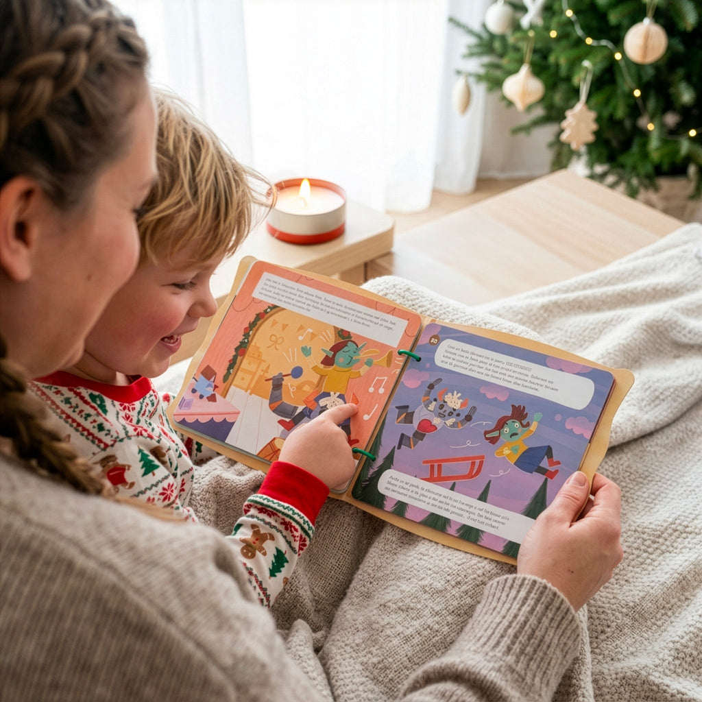 Enfant lisant son Livre de l'Avent Pandacraft