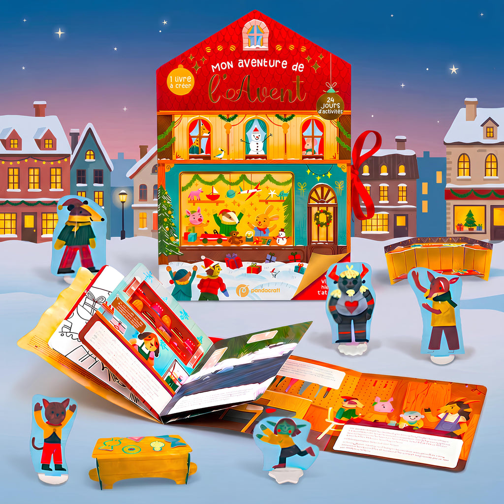 Décor de l'atelier des jouets du Livre de l'Avent Pandacraft