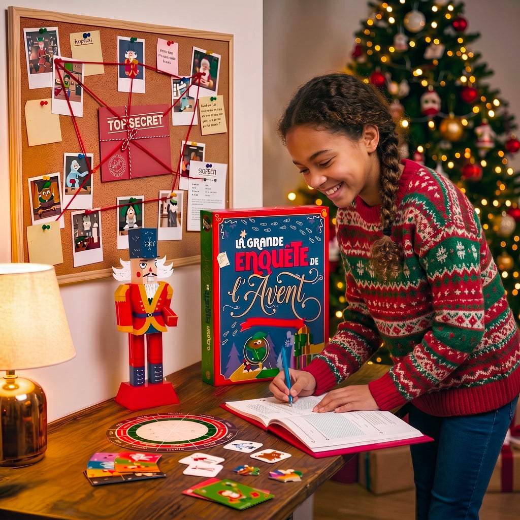 Enfant menant l'enquête avec son Livre de l'Avent Pandacraft