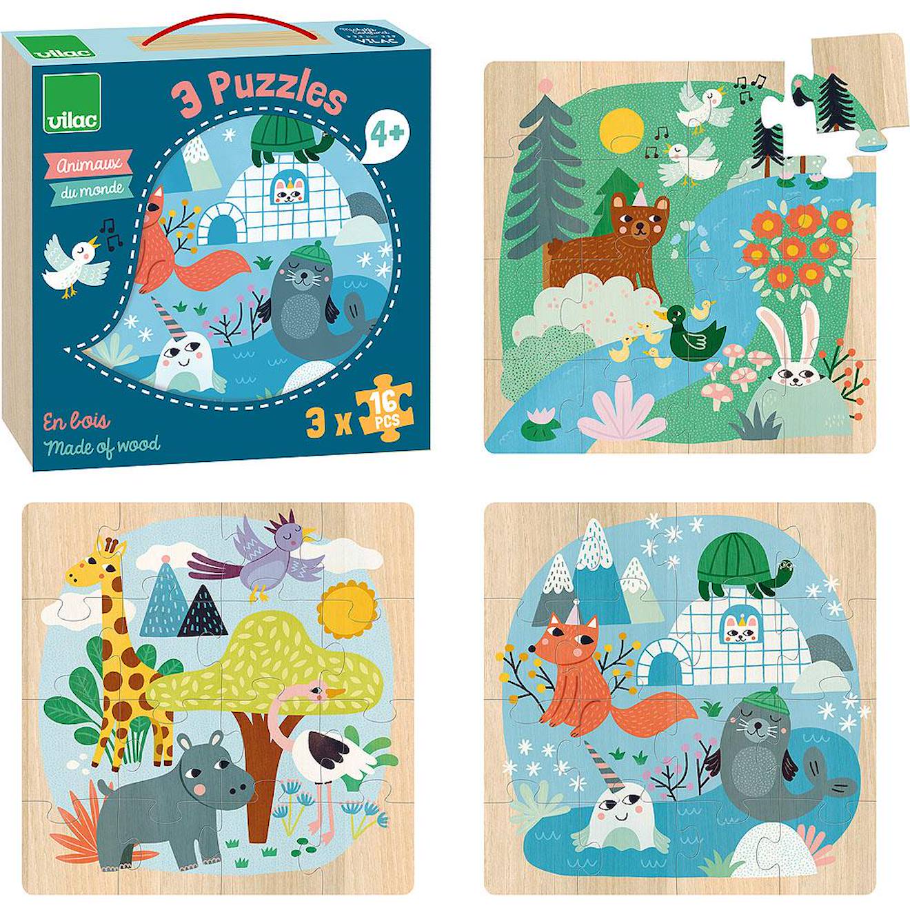 3 puzzles animaux du monde bleu
