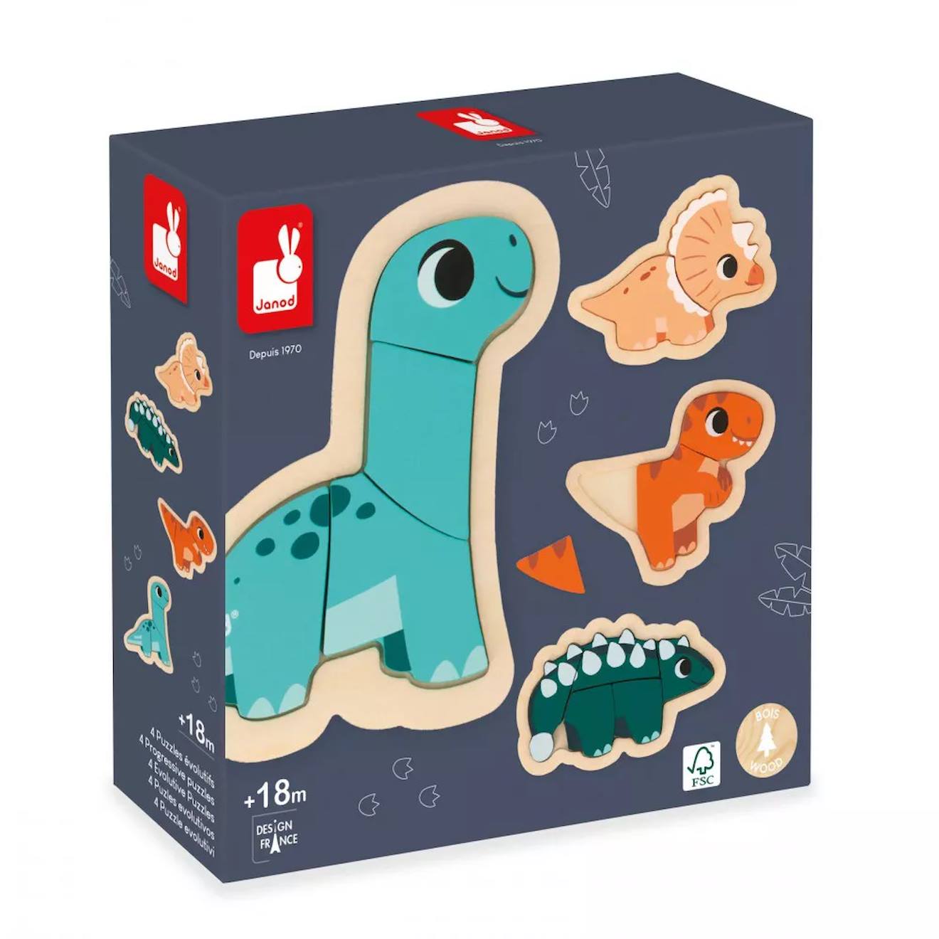 4 puzzles évolutifs dino, 2 à 5 pièces multicolore