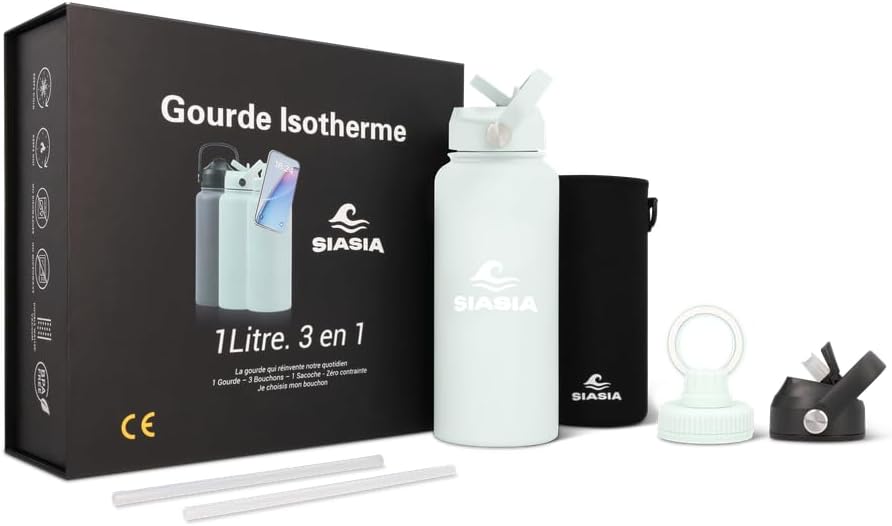 Gourde thermos isotherme 1 L en inox 3 bouchons sport