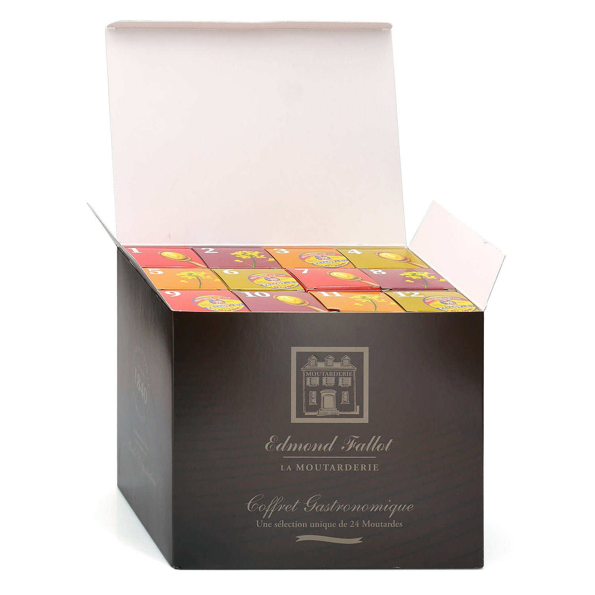 Coffret ouvert du calendrier de l'Avent 24 moutardes Fallot