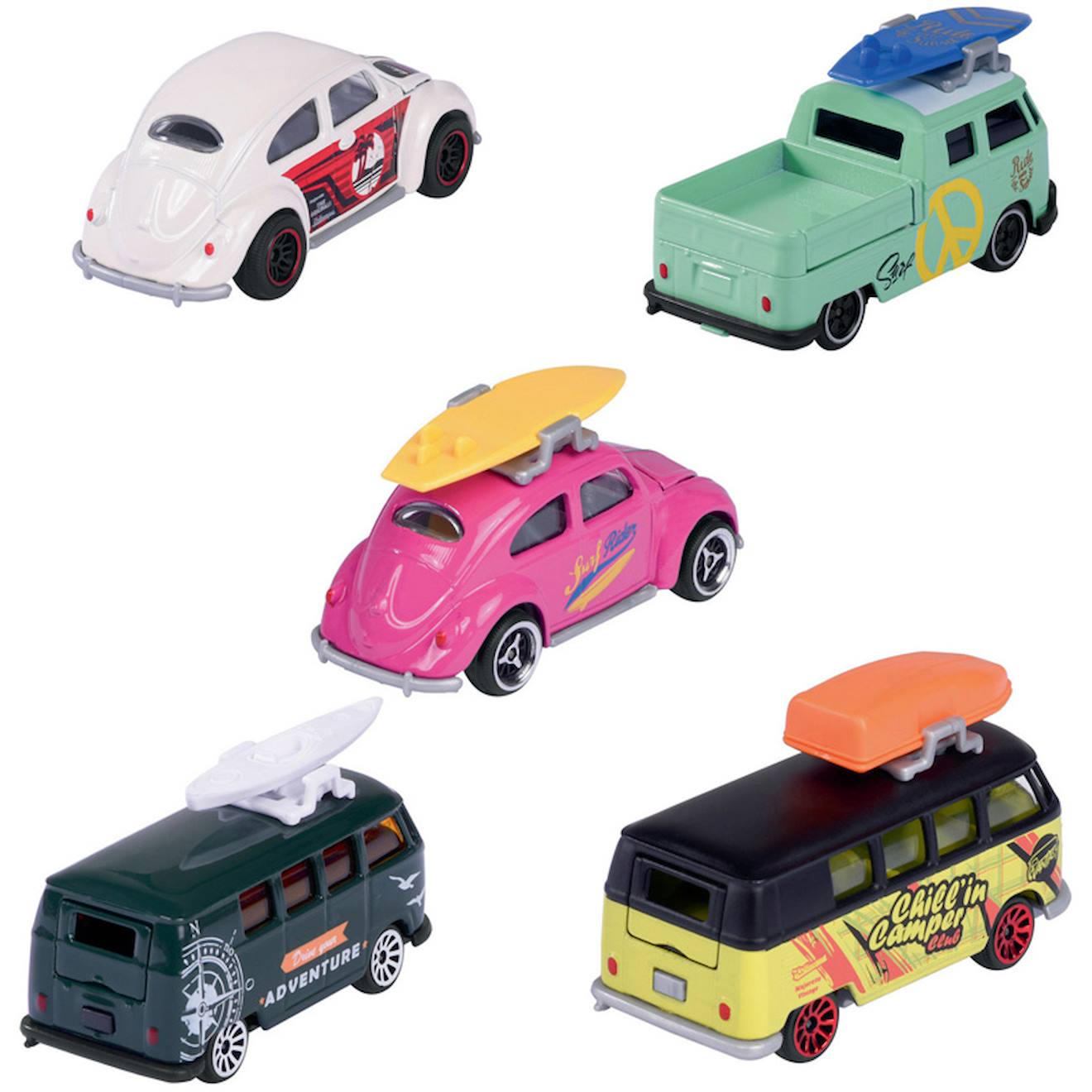 5 véhicules à l'échelle 1/64ème majorette volkswagen multicolore