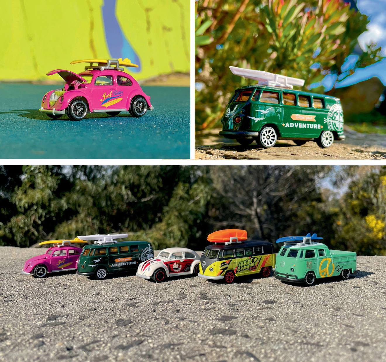 5 véhicules à l'échelle 1/64ème majorette volkswagen multicolore