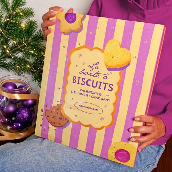 Coffret rayé lilas et jaune du calendrier La Boîte à Biscuits