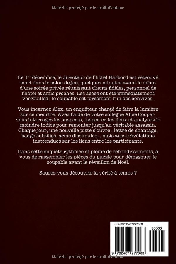 Calendrier de l'Avent Enquêtes criminelles – dos du livre avec le résumé de l'enquête à l'hôtel Harbord