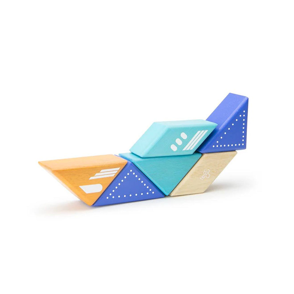 6 blocs en bois magnétiques - avion à réaction bleu