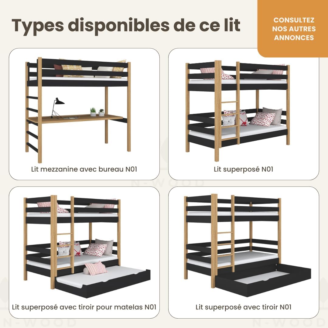 Lit mezzanine 90x200 en chêne massif - N-Wood