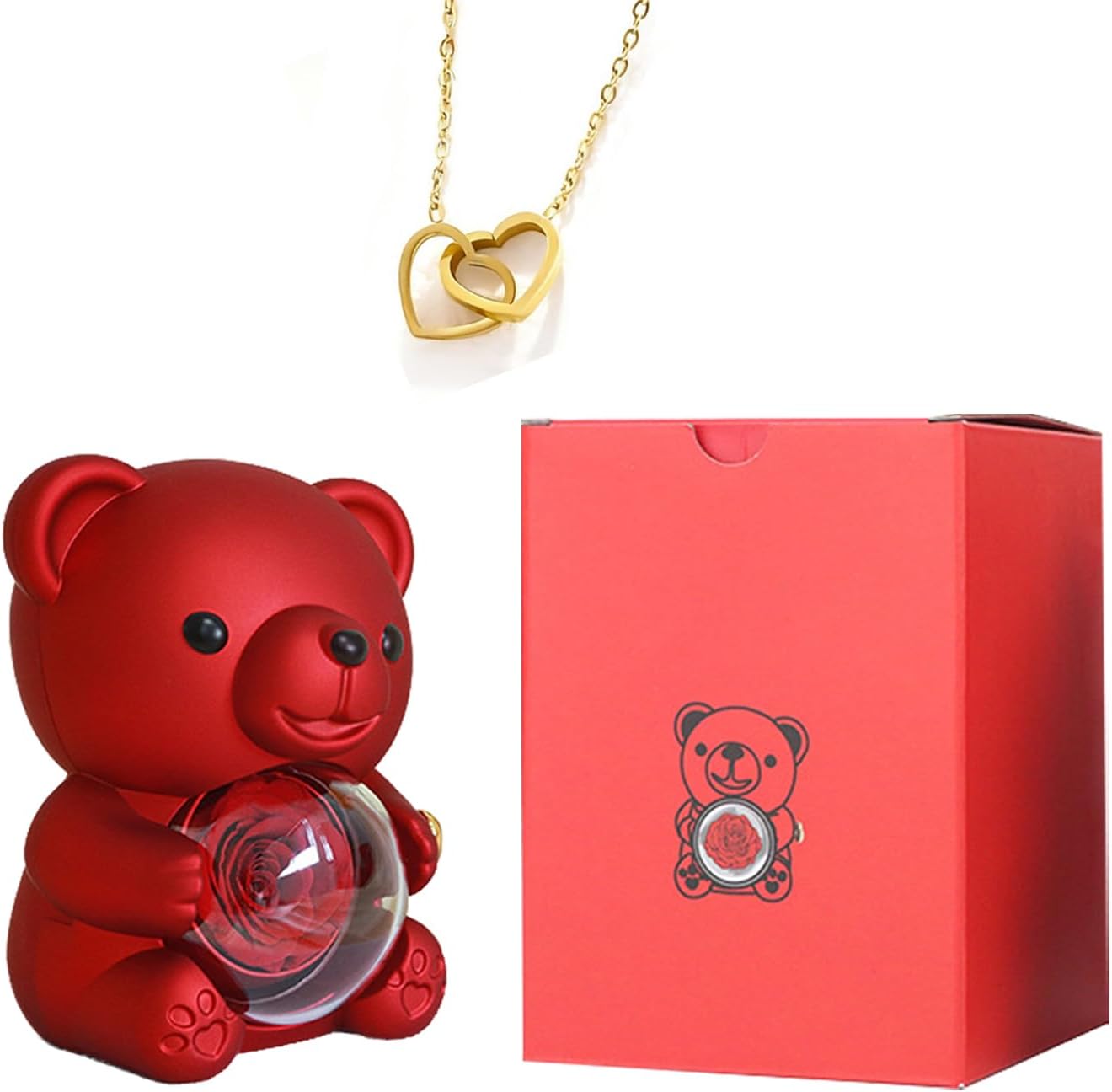 Ourson de roses + rose éternelle + coffret à bijoux