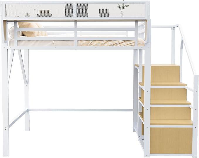 Lit mezzanine 140x200 en métal – blanc avec étagère Merax