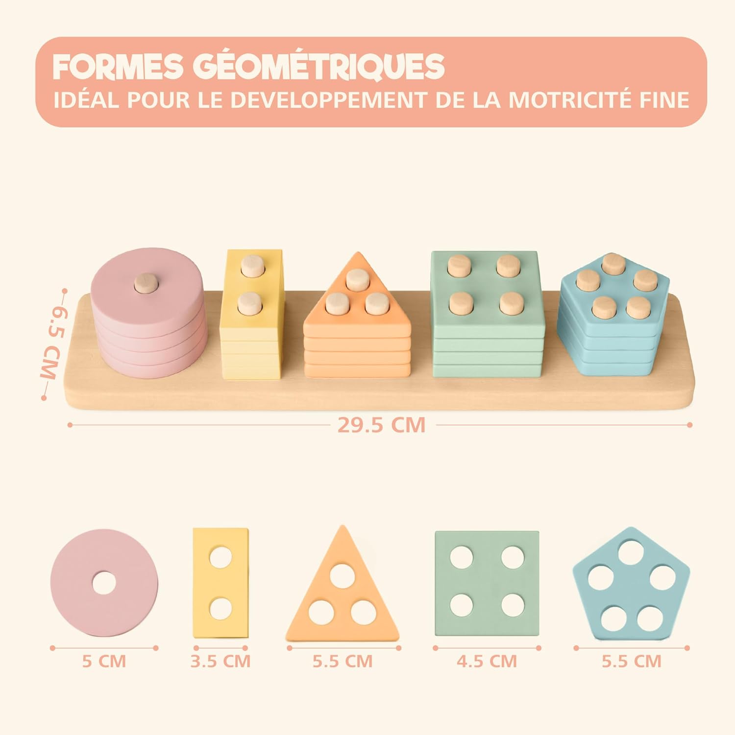 Jouet Montessori en bois : empiler + trier couleurs pastel (1–3 ans)