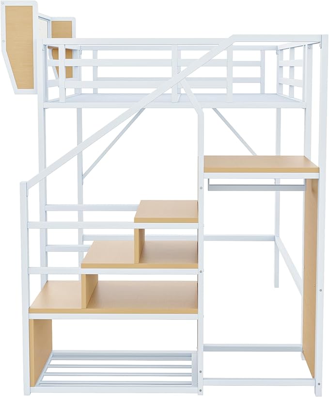 Lit mezzanine 140x200 en métal – blanc avec étagère Merax