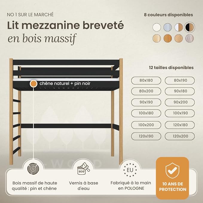Lit mezzanine 90x200 en chêne massif - N-Wood