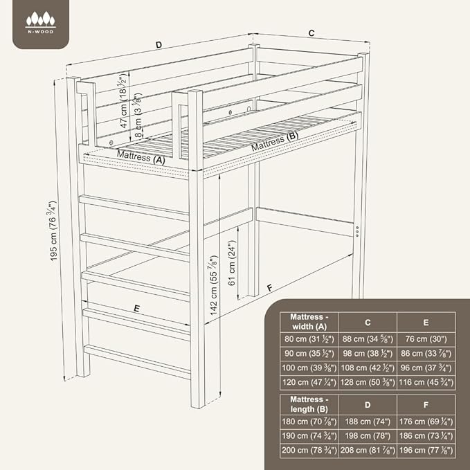 Lit mezzanine 90x200 en chêne massif - N-Wood