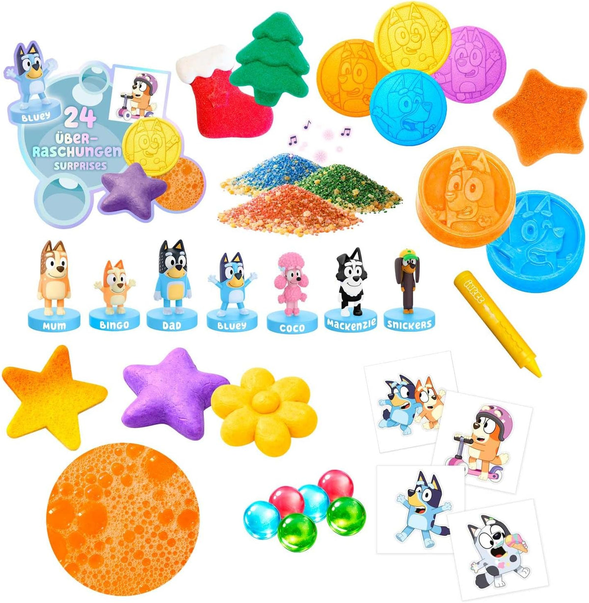Contenu du calendrier de l'Avent Bluey INKEE : bombes de bain, savons, tatouages, tampons