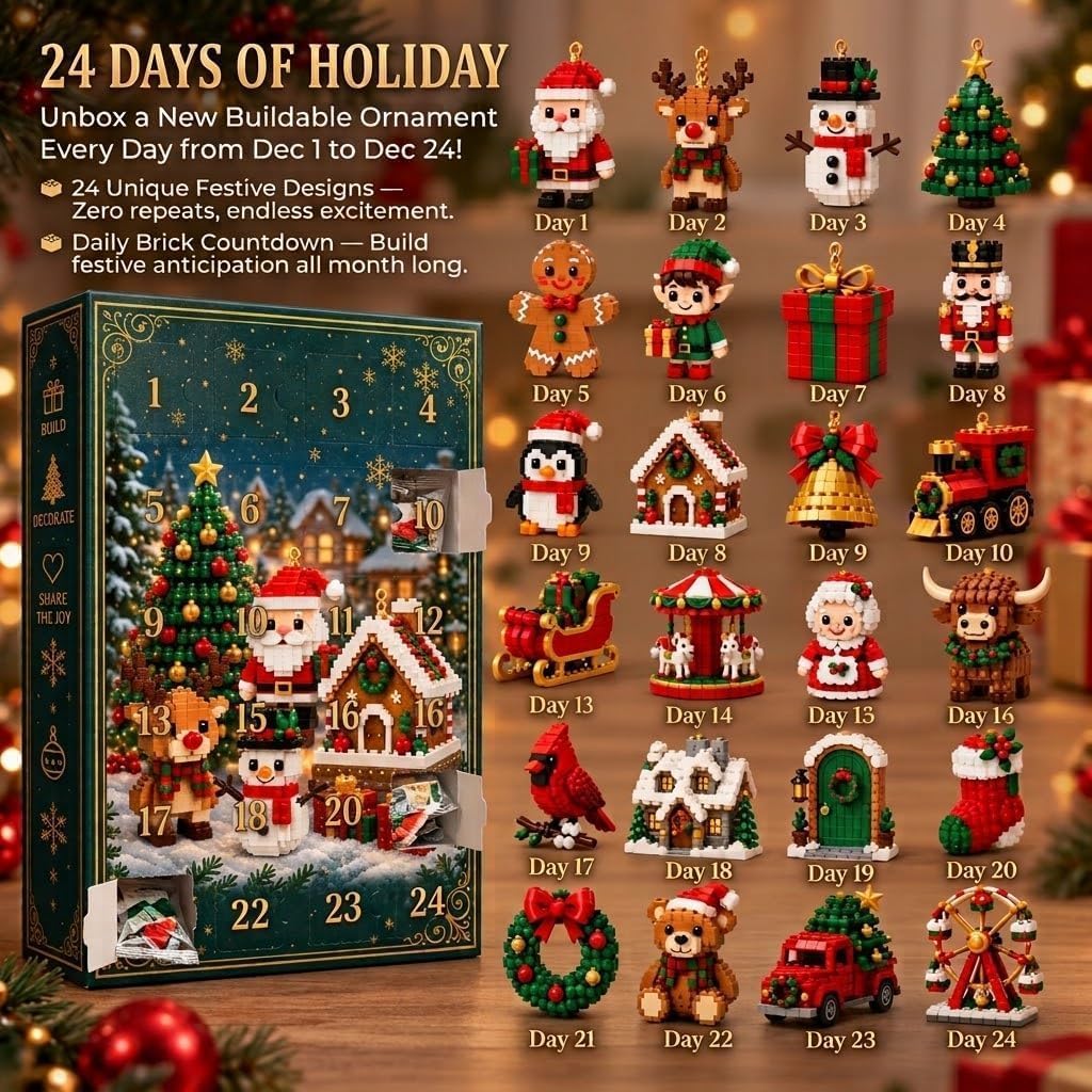 Les 24 mini-décorations en briques du calendrier Aodejoy