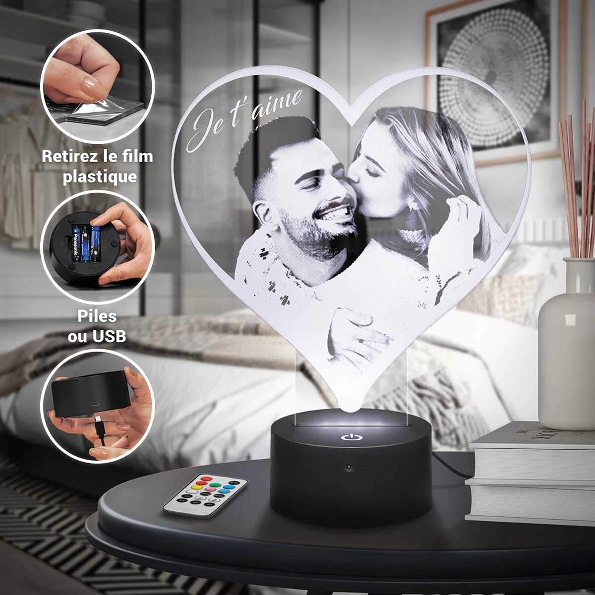 Lampe photo 3D personnalisée en forme de cœur