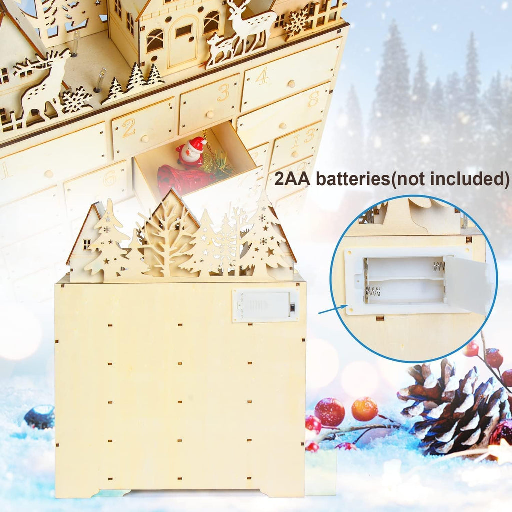 Calendrier de l’Avent en bois en forme de maison, sapin ou village