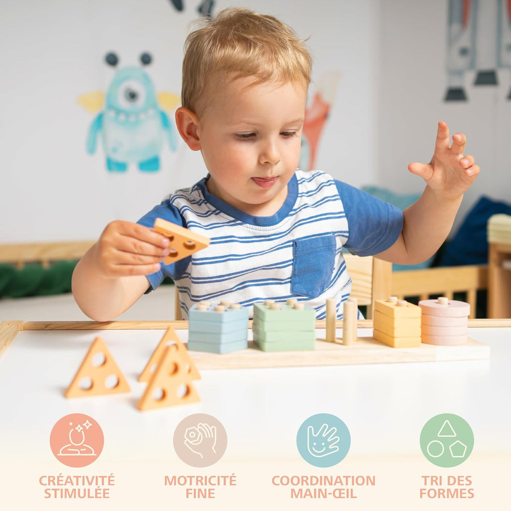 Jouet Montessori en bois : empiler + trier couleurs pastel (1–3 ans)