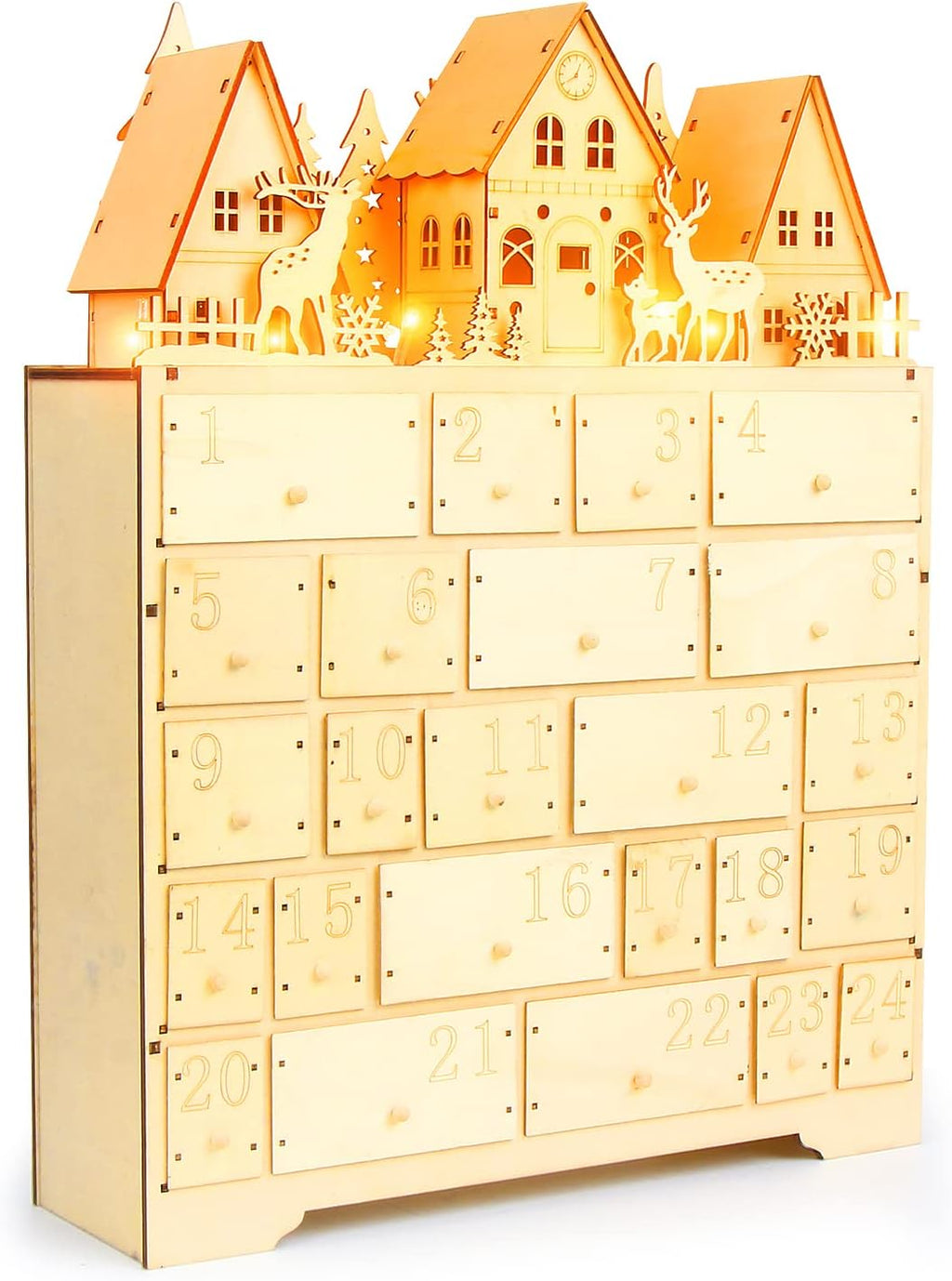 Calendrier de l’Avent en bois en forme de maison, sapin ou village