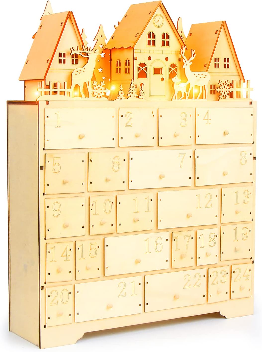 Calendrier de l’Avent en bois en forme de maison, sapin ou village