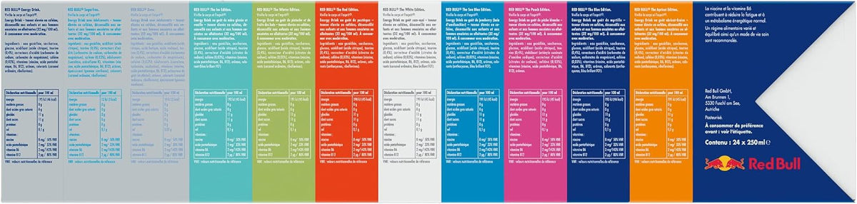 Variétés du calendrier de l'Avent Red Bull 2026 : Ice, Winter, Red, White, Sea Blue, Peach, Blue, Apricot