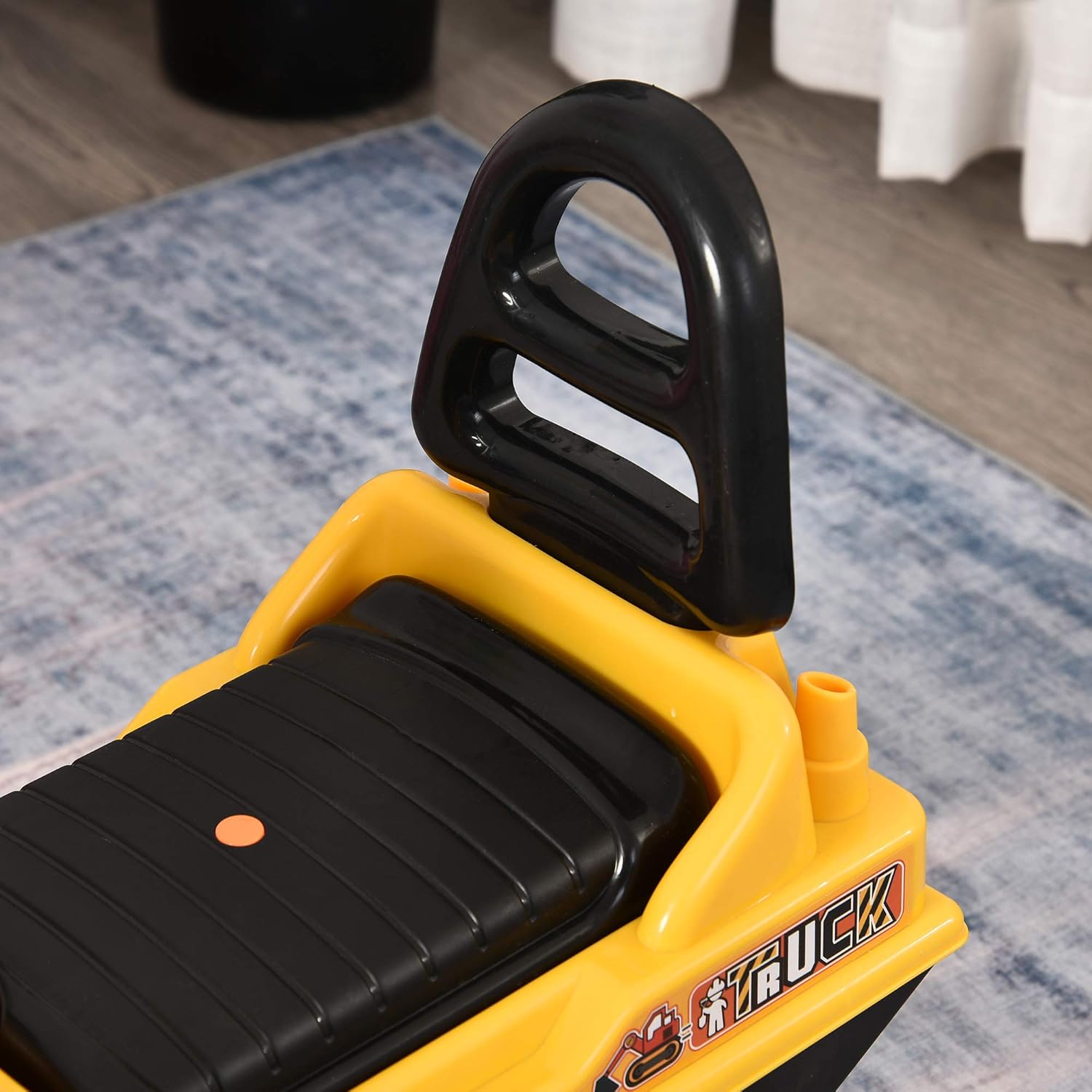 Porteur enfant tractopelle avec coffre + klaxon + pelle pivotante