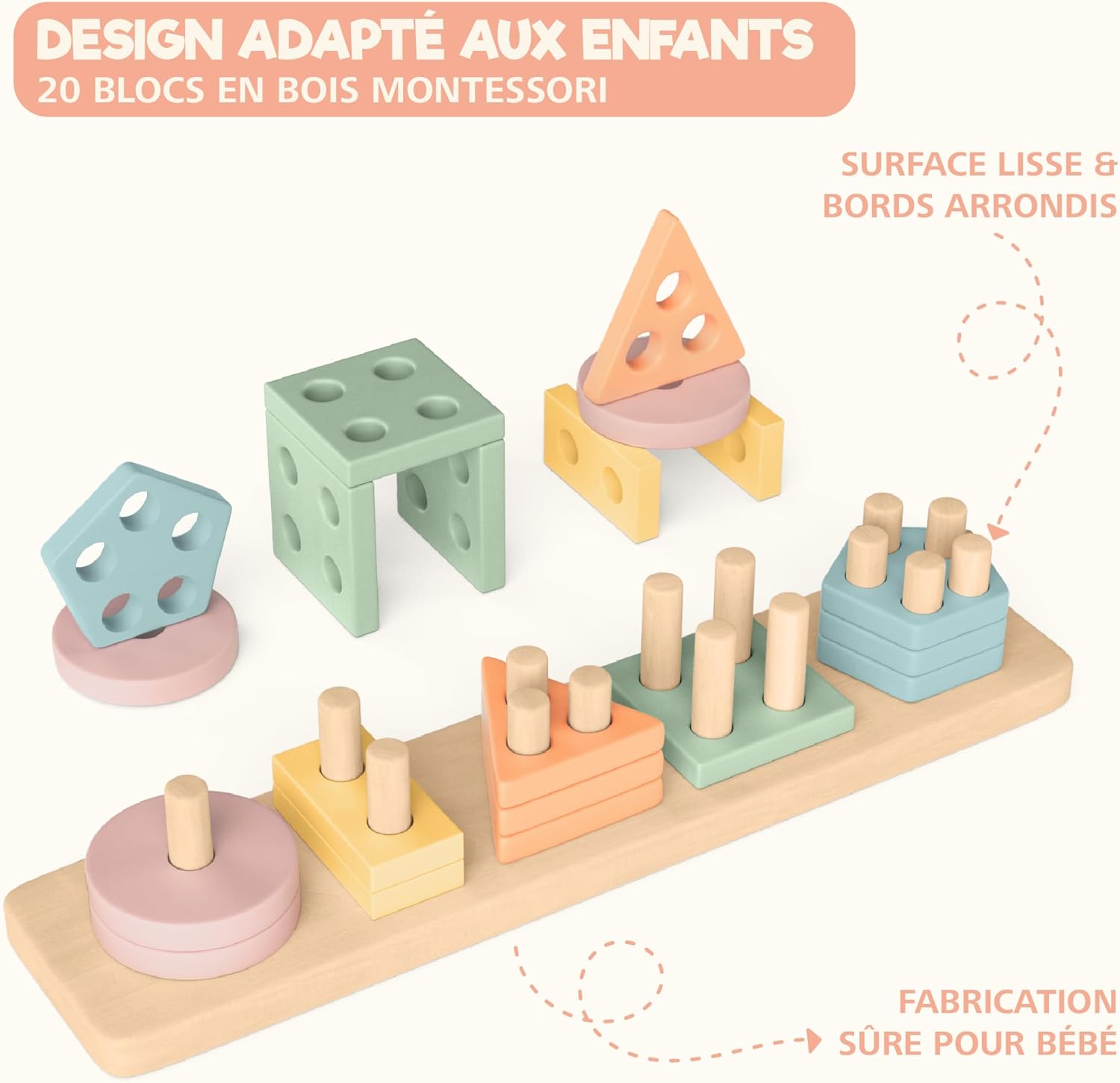 Jouet Montessori en bois : empiler + trier couleurs pastel (1–3 ans)