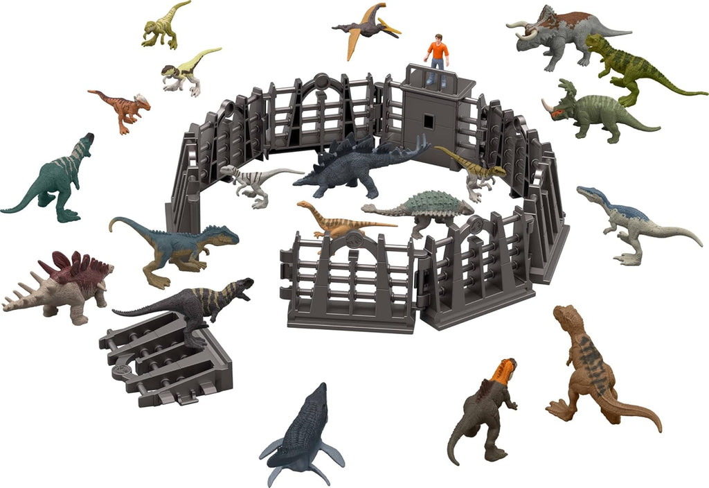 Contenu du calendrier : 20 mini-dinosaures, figurine et enclos