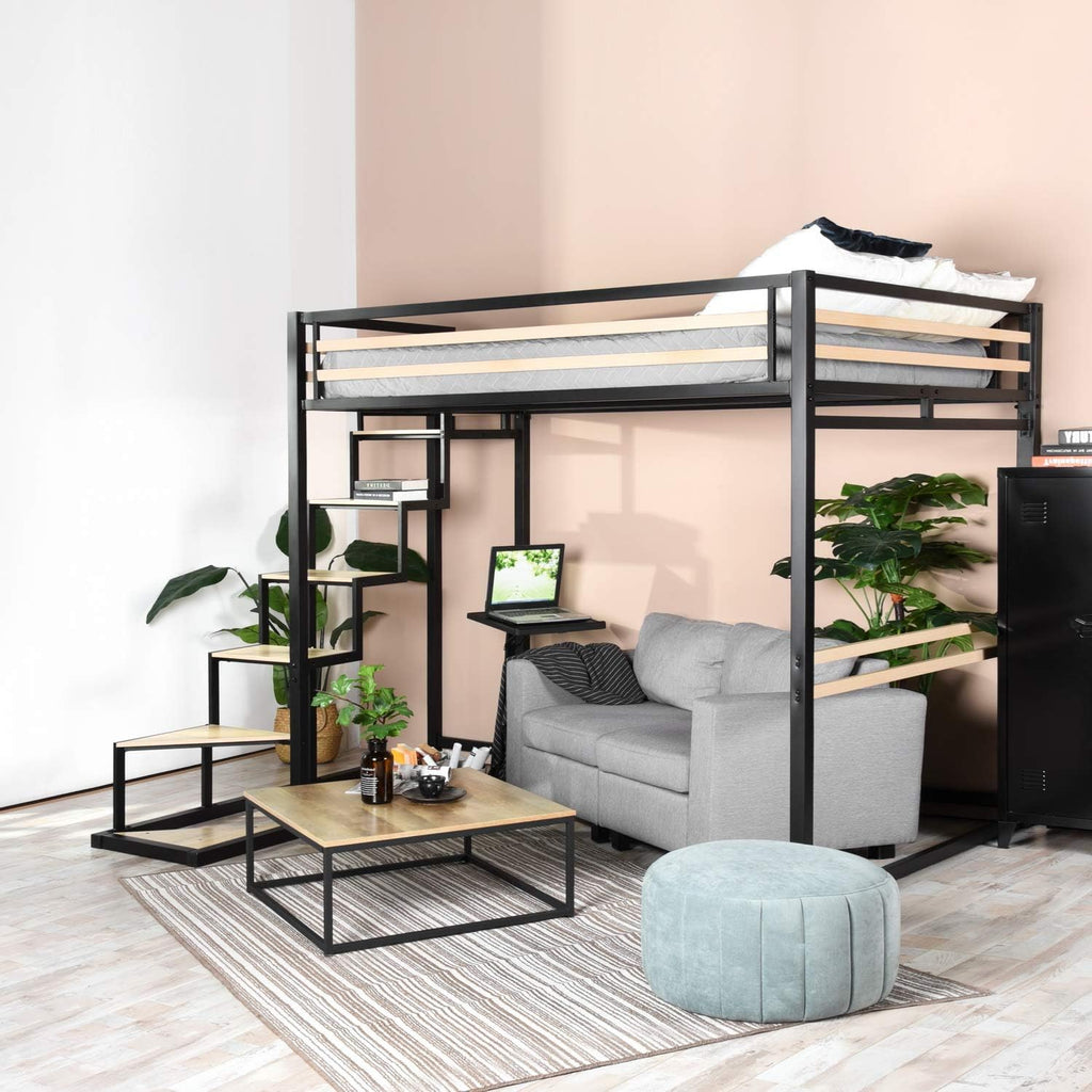 Lit mezzanine 2 places 140x200 style industriel chêne & métal - Meuble Cosy