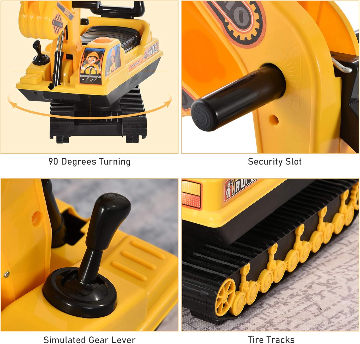 Porteur enfant tractopelle avec coffre + klaxon + pelle pivotante