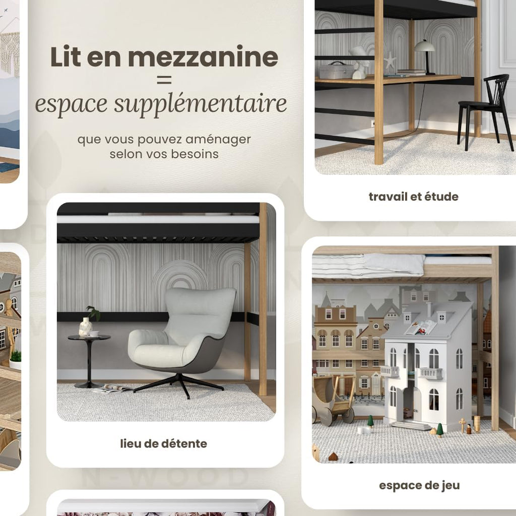 Lit mezzanine 90x200 en chêne massif - N-Wood