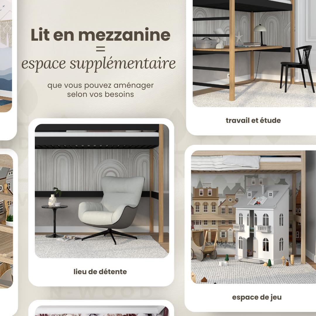 Lit mezzanine 90x200 en chêne massif - N-Wood