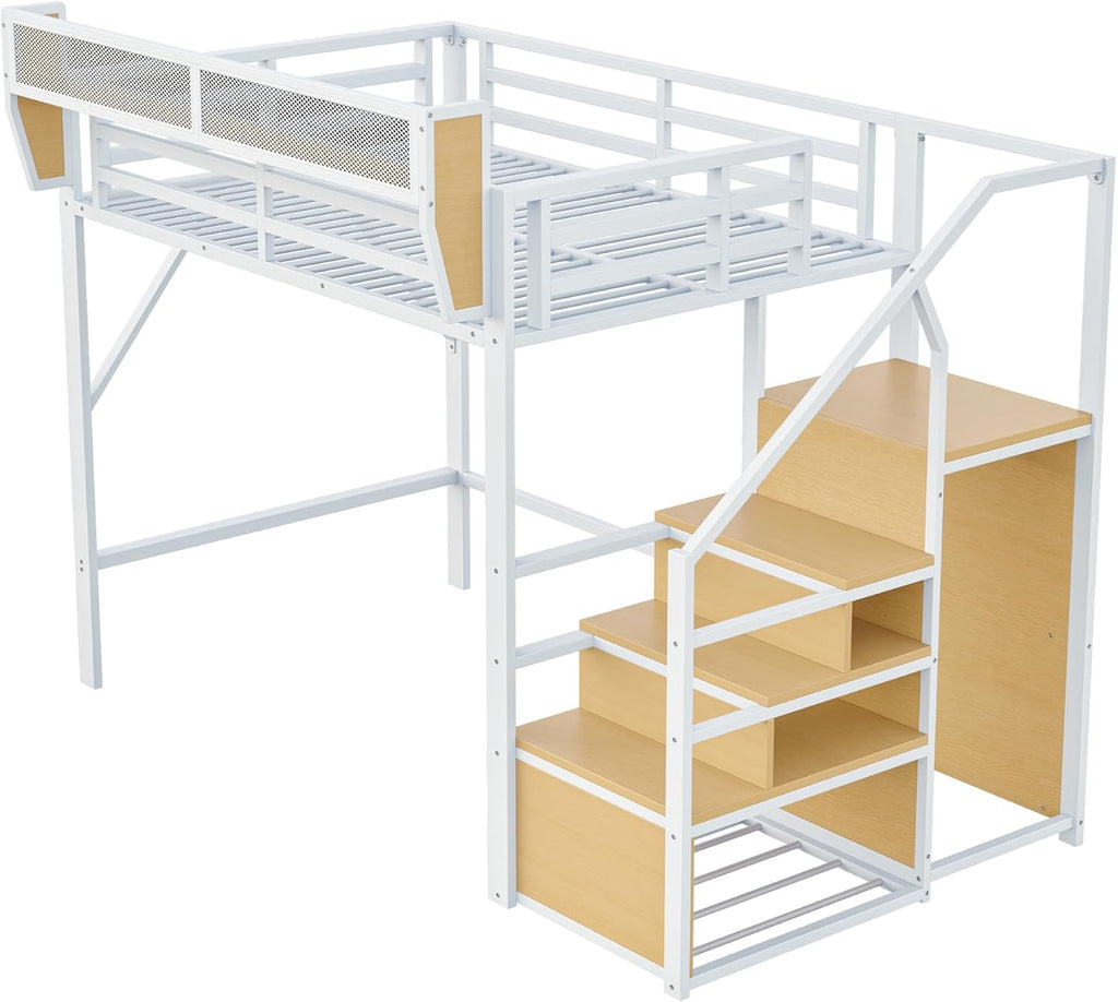 Lit mezzanine 140x200 en métal – blanc avec étagère Merax