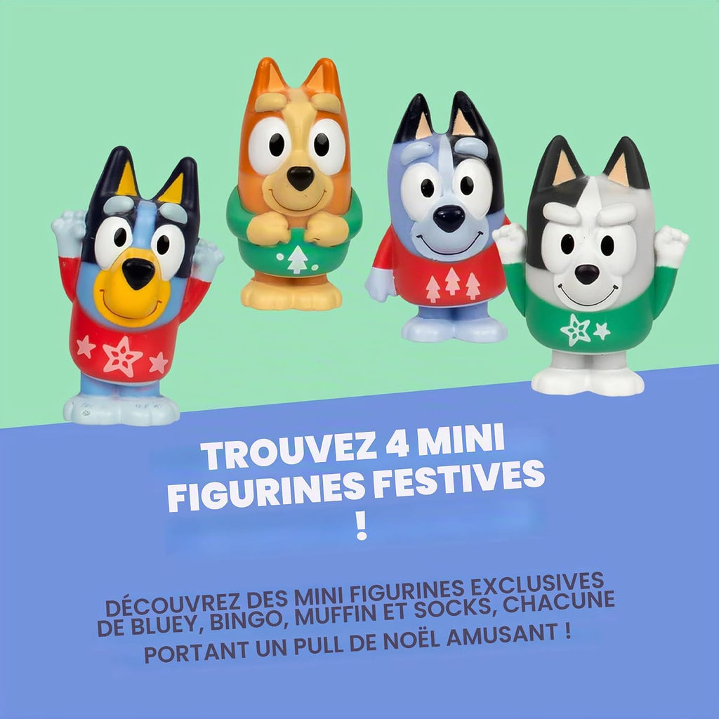 Les 4 mini figurines Bluey, Bingo, Muffin et Socks en pull de Noël