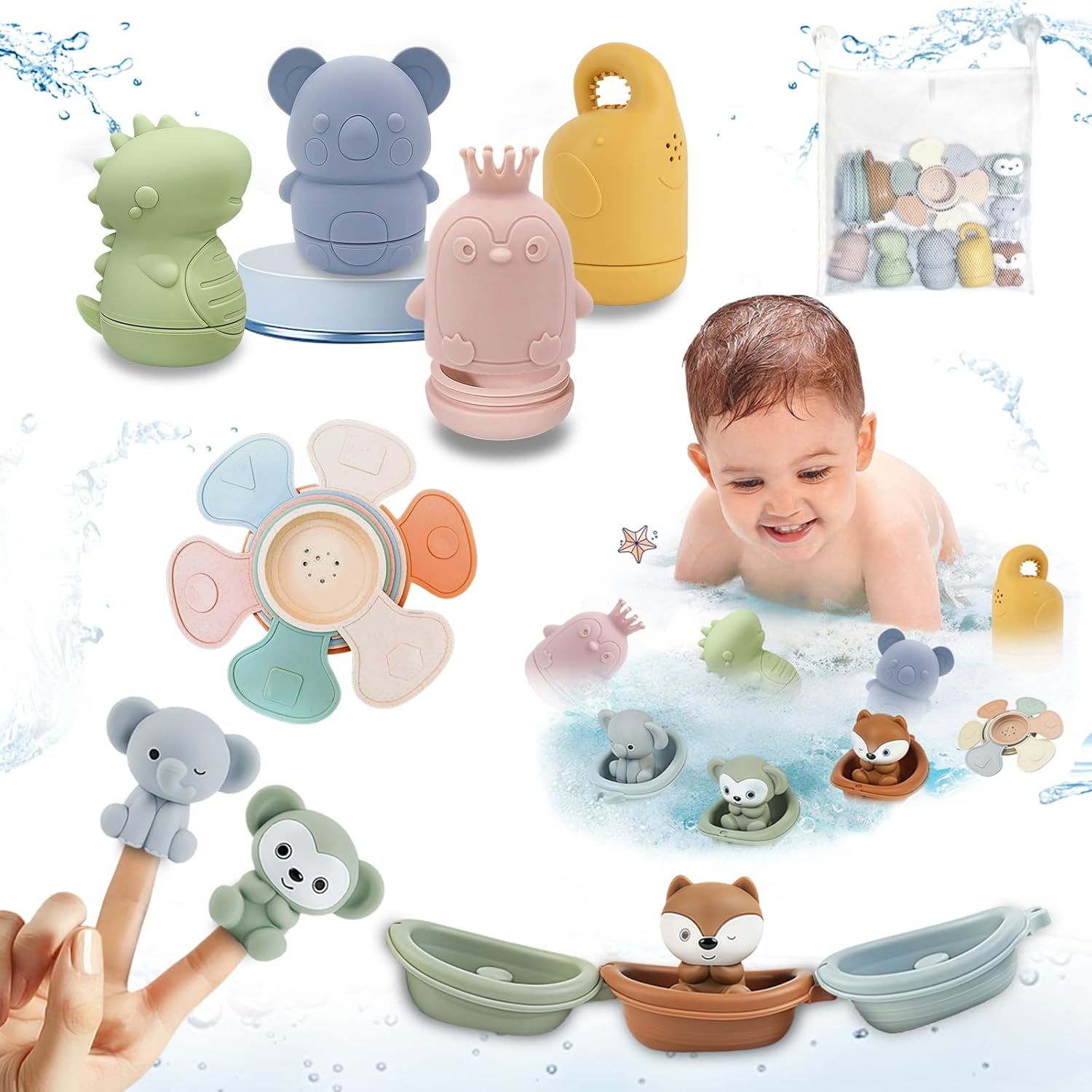 Jouets de bain bébé, lot de 16 (aspersion)