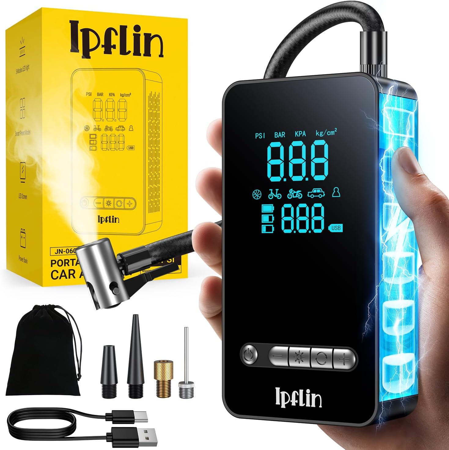 Mini gonfleur de pneu sans fil rechargeable LED USB-C