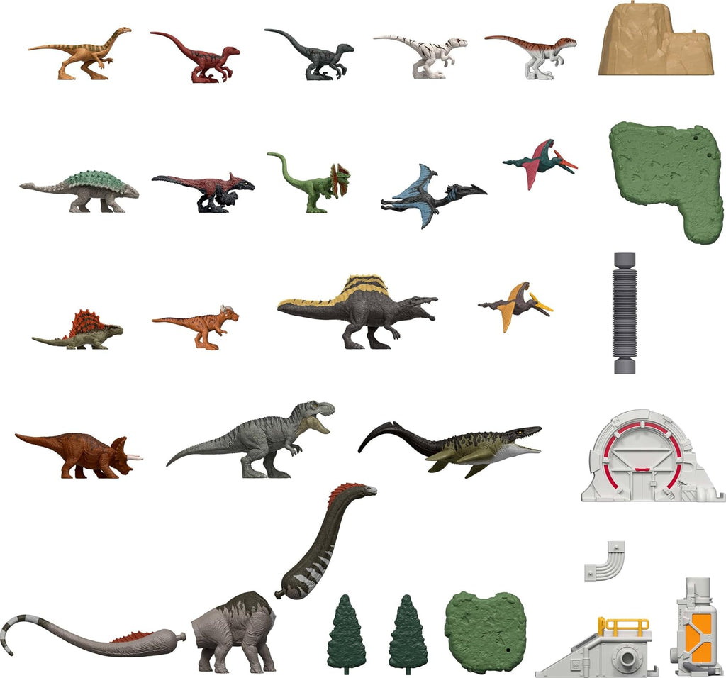 Contenu du calendrier : 18 mini-dinosaures et 10 accessoires
