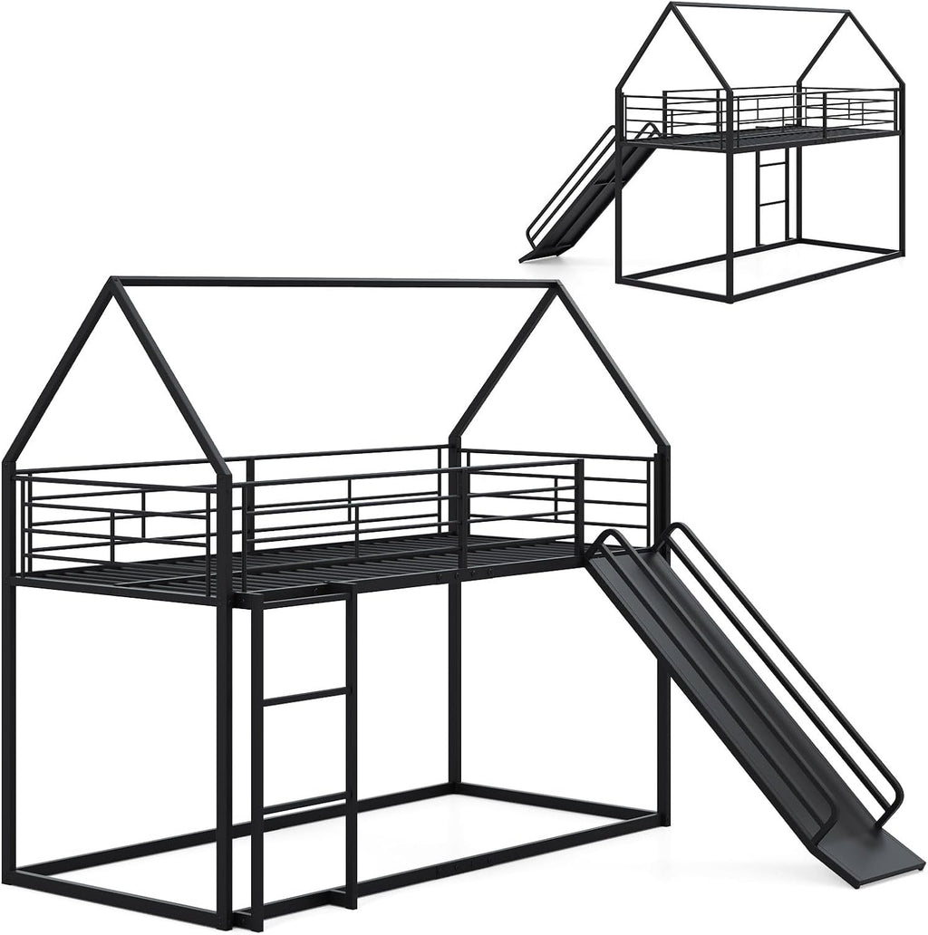 Lit mezzanine en métal noir avec toboggan