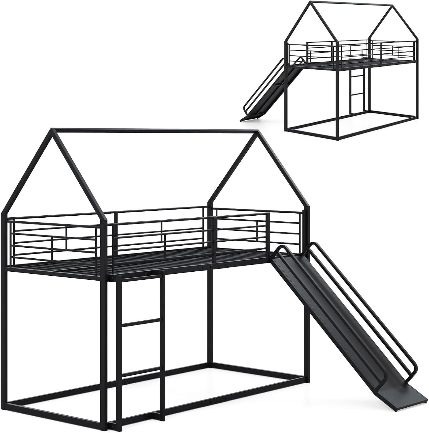 Lit mezzanine en métal noir avec toboggan
