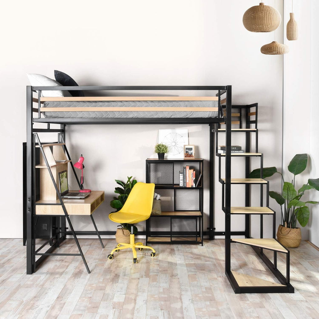 Lit mezzanine 2 places 140x200 style industriel chêne & métal - Meuble Cosy