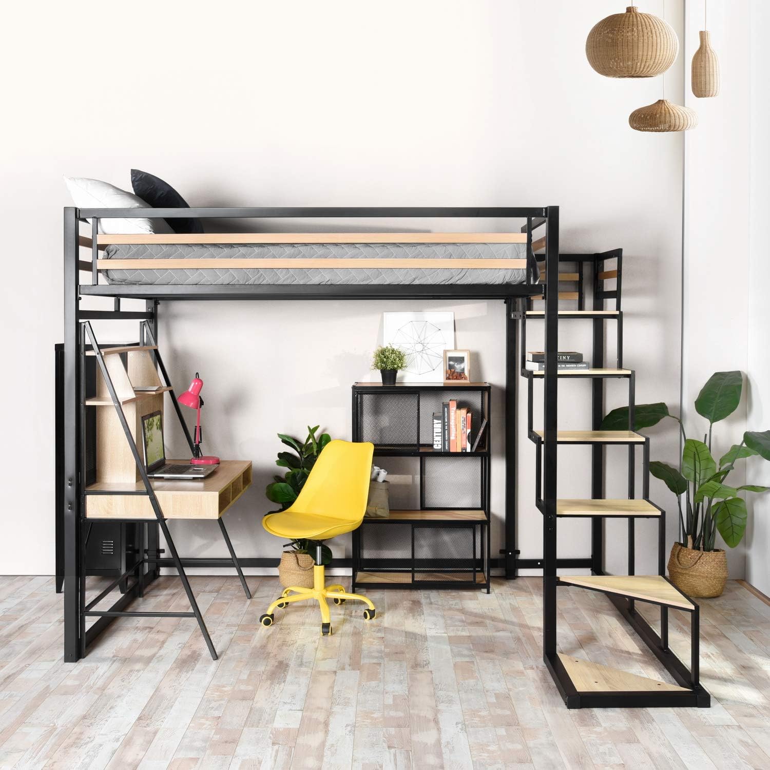 Lit mezzanine 2 places 140x200 style industriel chêne & métal - Meuble Cosy