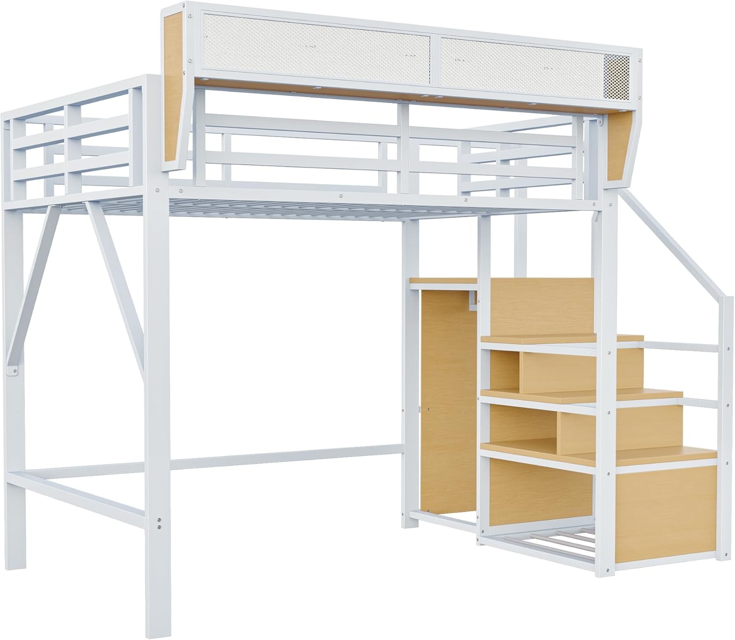 Lit mezzanine 140x200 en métal – blanc avec étagère Merax
