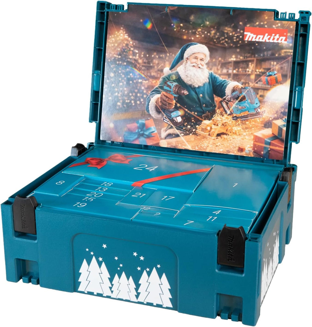 Calendrier de l'Avent Makita 2026 – coffret ouvert et ses 24 cases