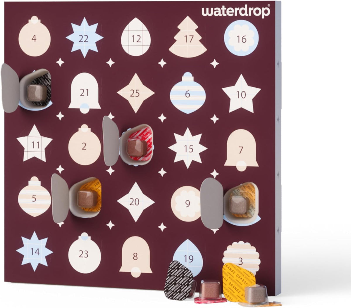 Calendrier de l'Avent waterdrop 2026 ouvert avec ses cubes à boire